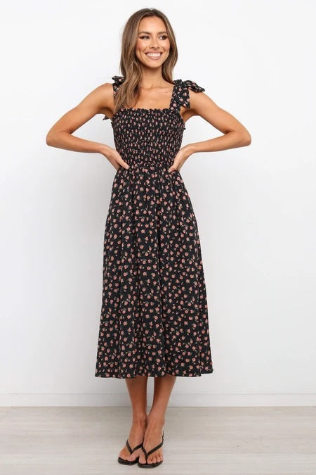 Ditsy Floral Square Neck Smocked Ruffle Strap Midi Dress