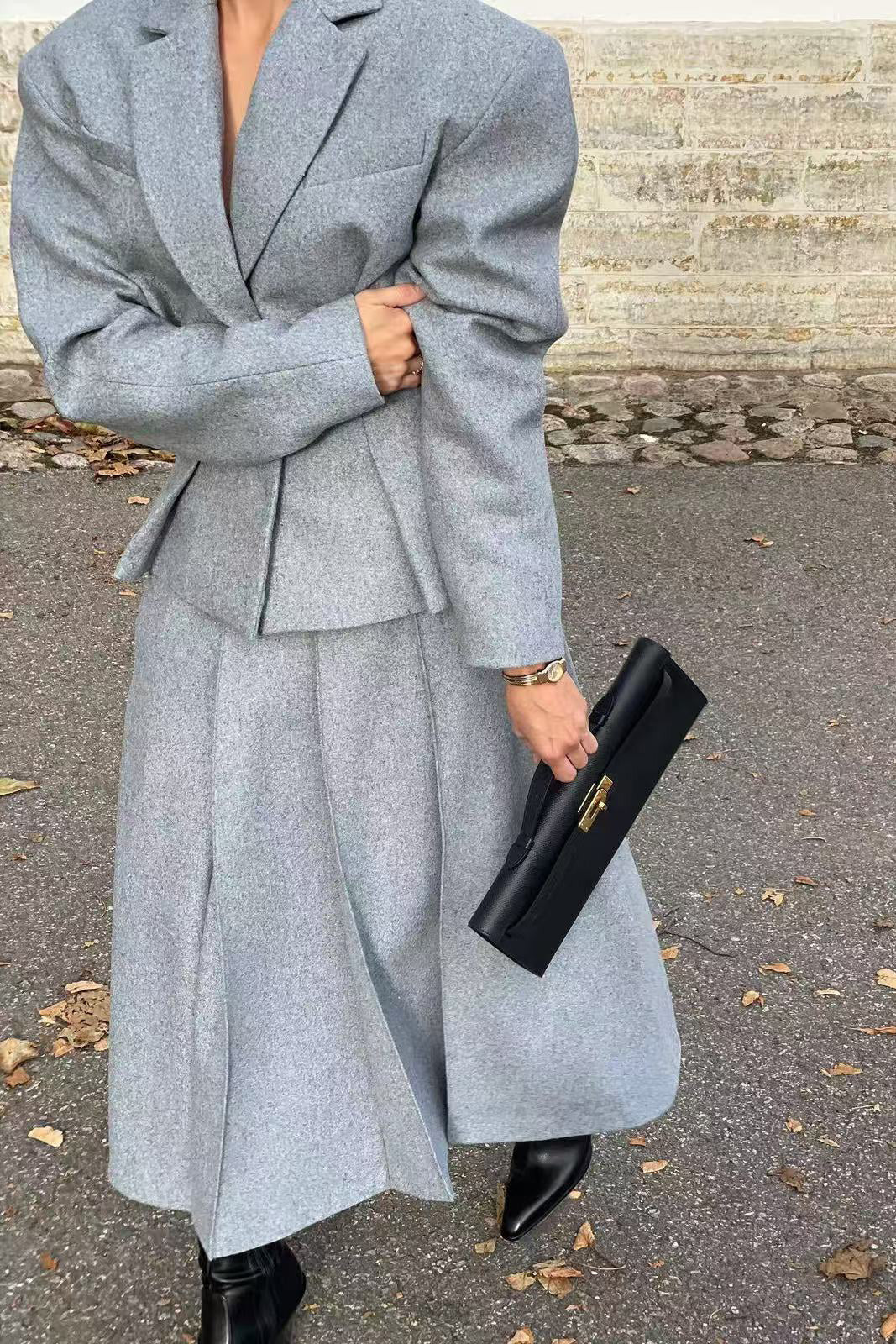 Sophisticated Slim-Fit Woolen Suit Jacket and Skirt Set