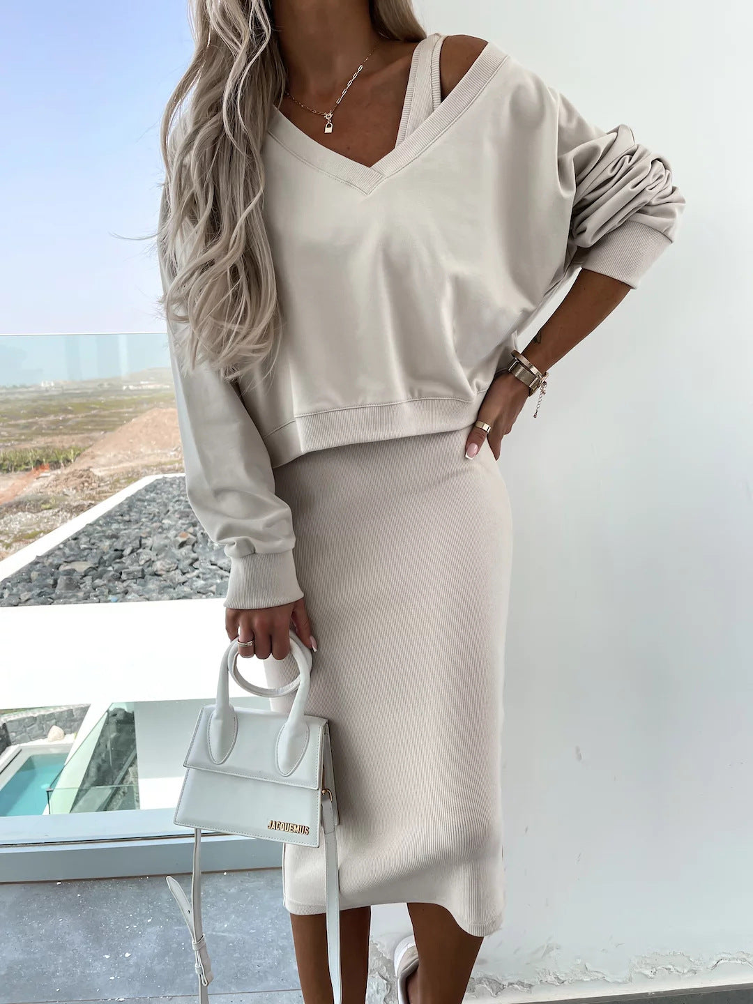 Solid Color V-Neck Long Sleeve Sweatshirt Suspender Slim Maxi Dress Two Piece Set