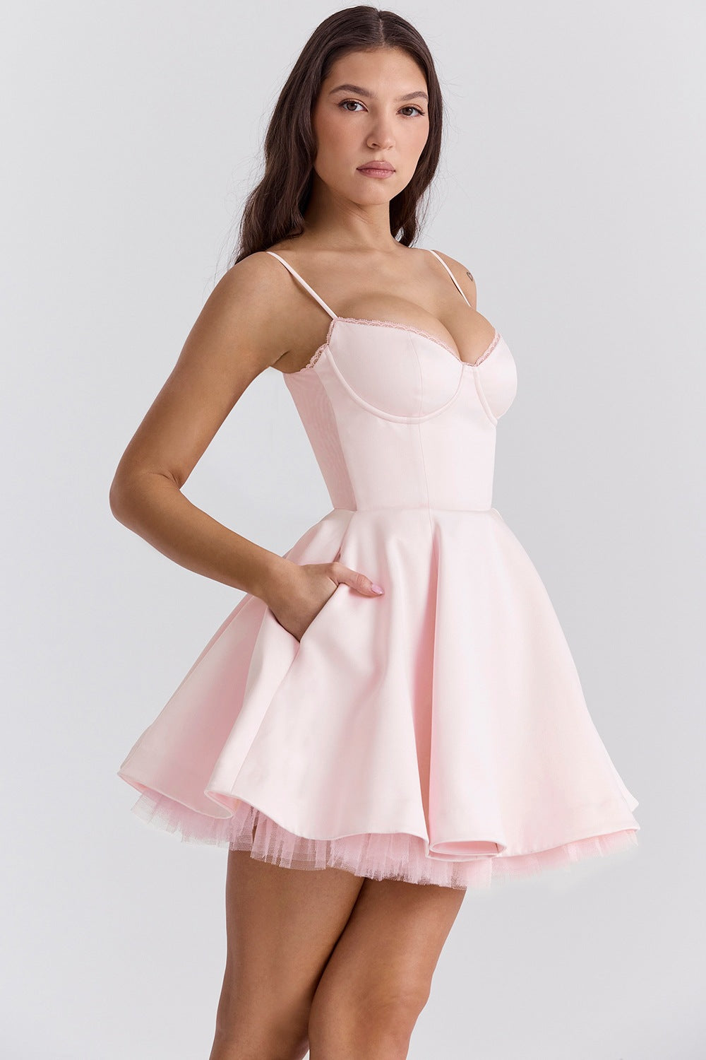 Satin Sweetheart Lace Trim Tulle Mini Dress - View 5