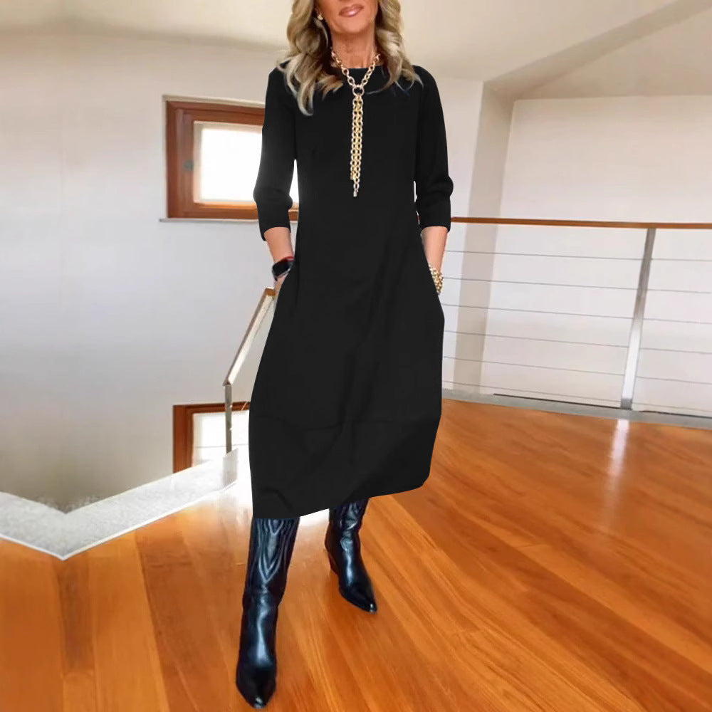 Round Neck Quarter Sleeve Zip Front Sheer Hem Midi Dress 14