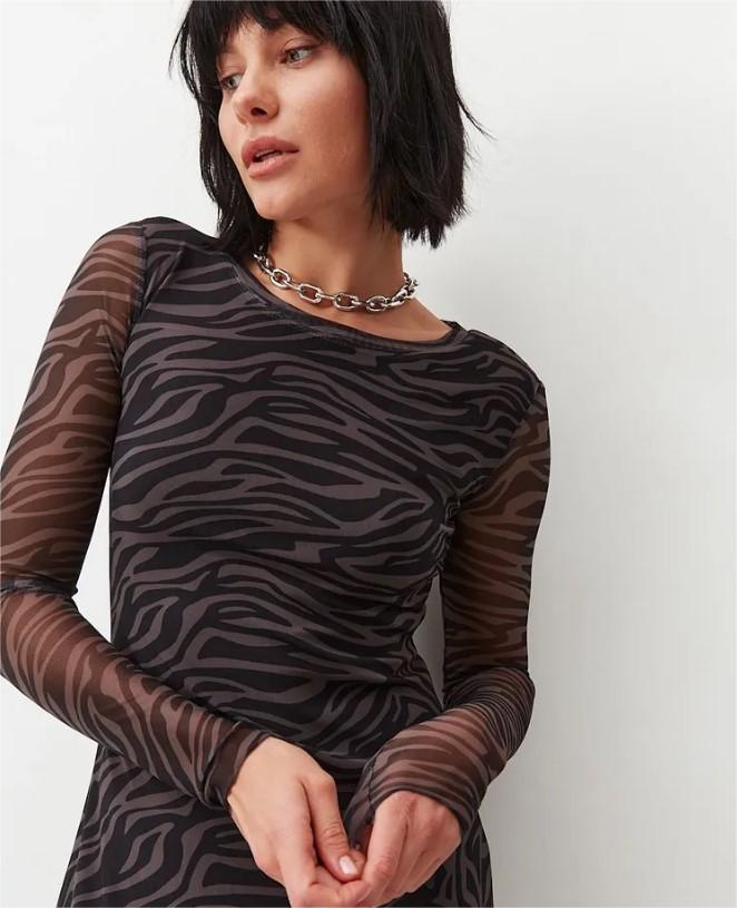 Leopard Print Long Sleeve Mesh Midi Dress