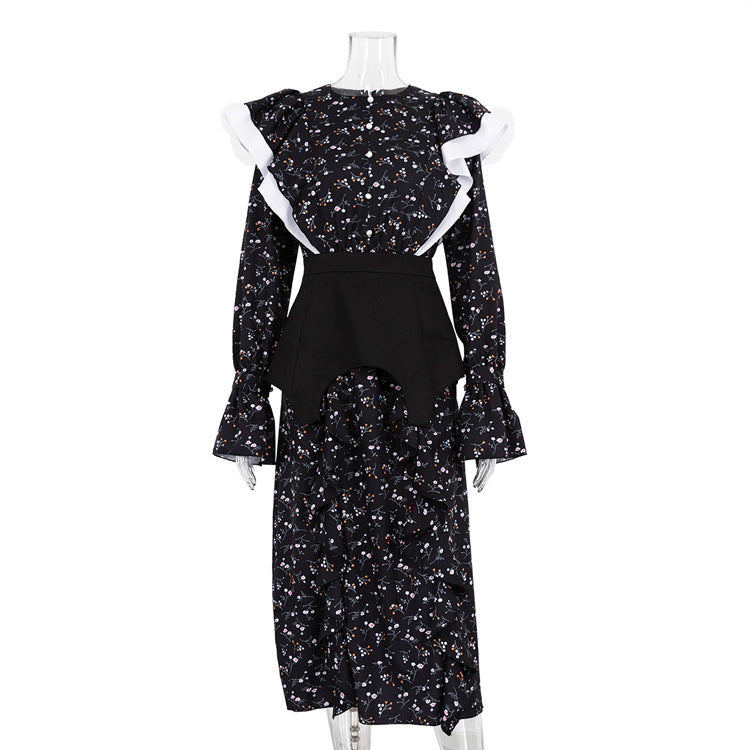 French Design Long Sleeve Dress Detachable Waist Seal Casual Floral Dress - Fashionpara