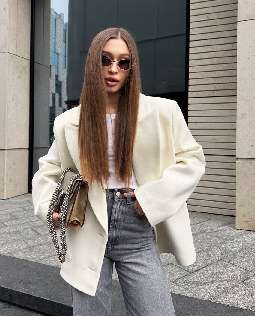 Vermont Village Double-Breasted Beige Wool Suit Jacket