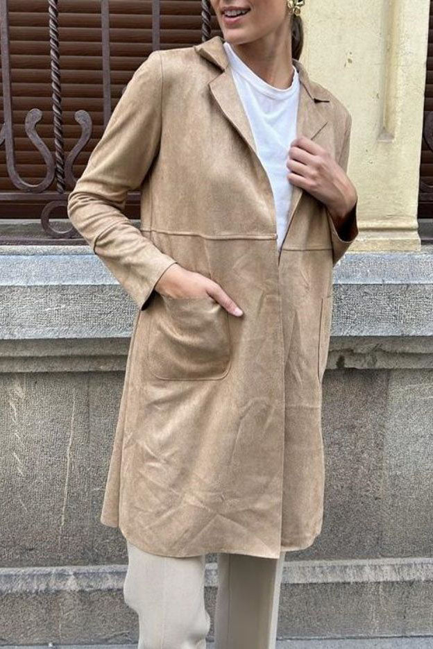Chic Medium-Length Suede Trench Coat for Stylish Comfort