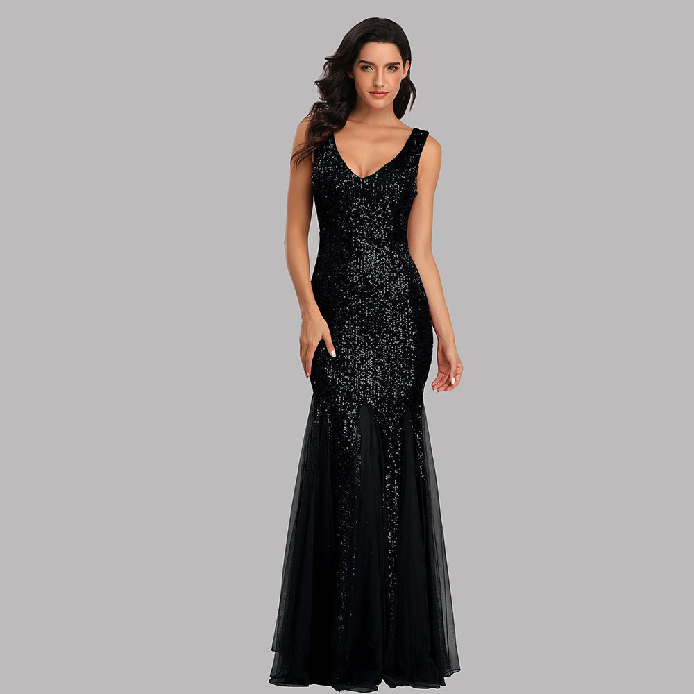 Sequin V-Neck Sleeveless Mesh Panel Mermaid Maxi Dress