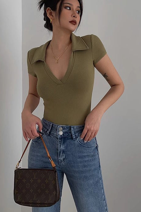 Short Sleeve Wrap V Neck Ribbed Tank Tops