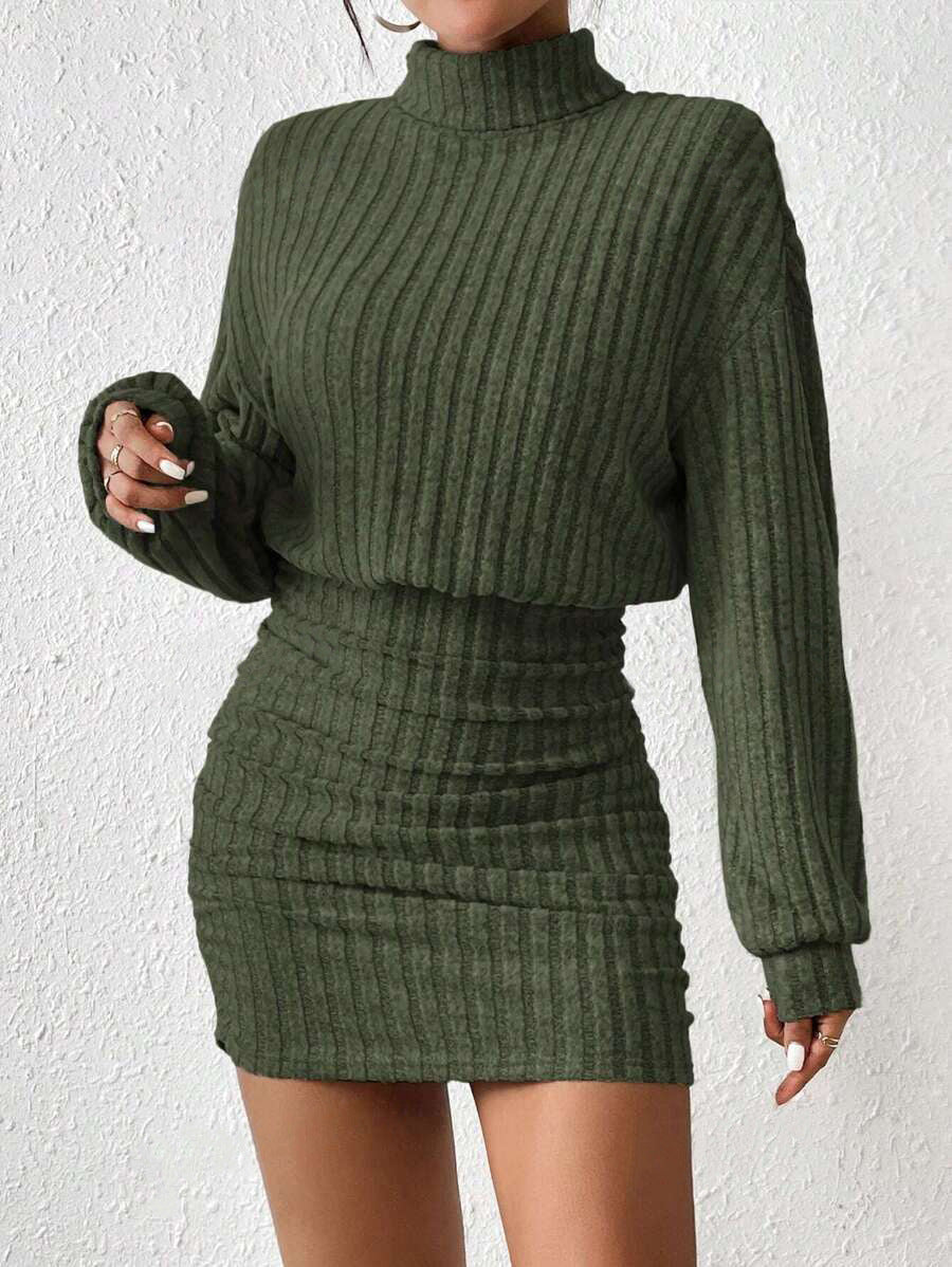Ribbed Mock Neck Long Sleeve Ruched Bodycon Mini Sweater Dress 4