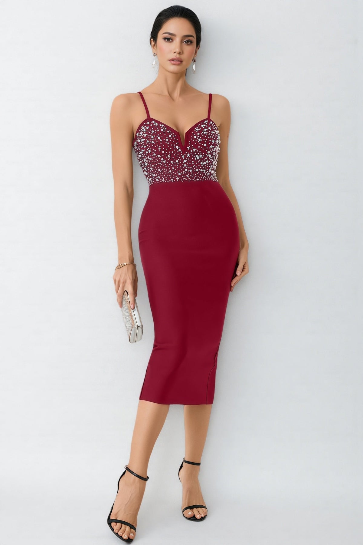 Beaded Sweetheart Cut Out Spaghetti Strap Bodycon Midi Dress - View 5