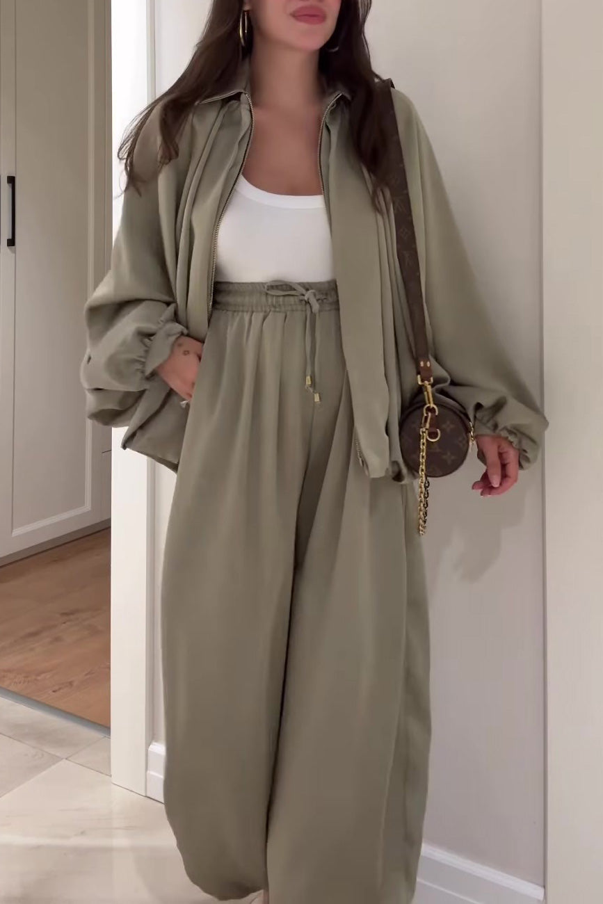 Lantern-Sleeve Zipper Jacket & Wide-Leg Pants Set