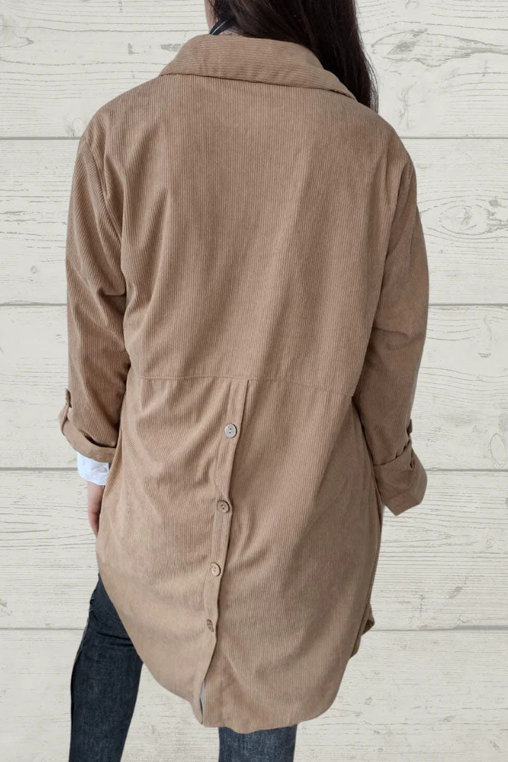 Lapel Pocket Corduroy Mid-Length Coat for Sophisticated Style