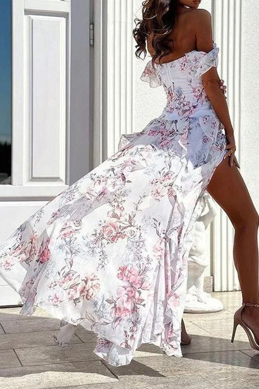 Floral Print Off-Shoulder Ruffle High Slit Maxi Gown 3