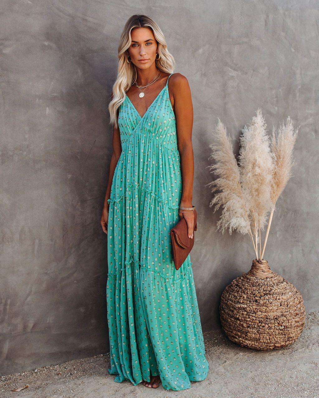 Dotted V-Neck Sleeveless Tiered Maxi Dress