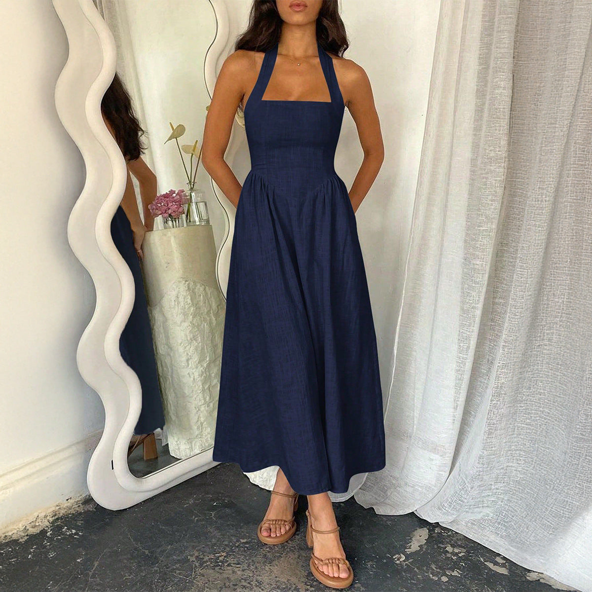 Halter Neck Square Neck Sleeveless Tie Back Midi Dress 12