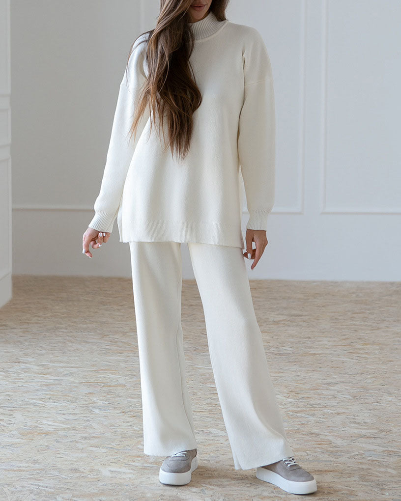 Chic Solid Color Knitted Turtleneck Sweater Set for Fall