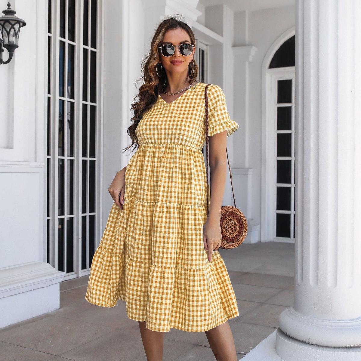 Gingham Check V-Neck Flutter Sleeve Tiered Midi Dress
