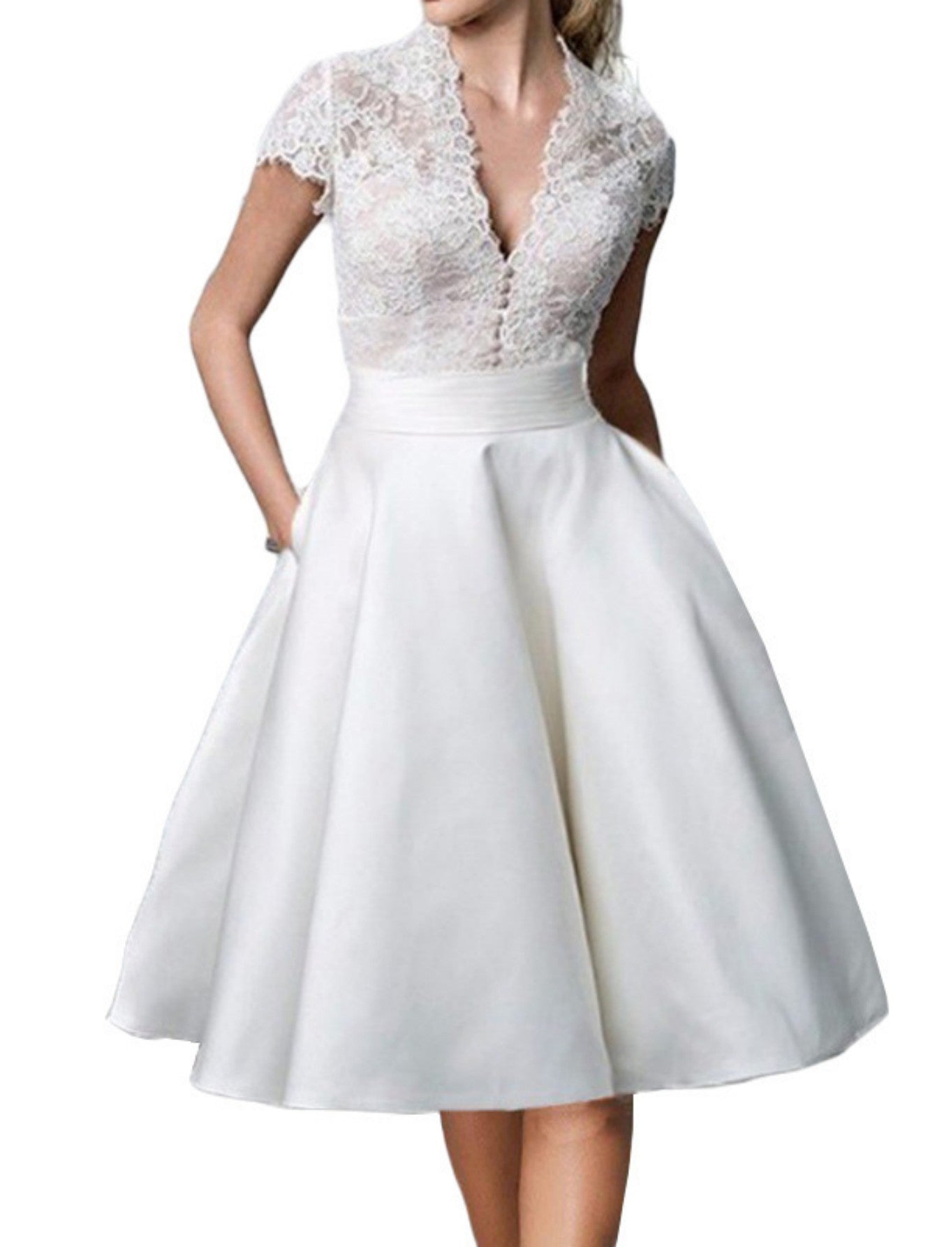 White V Neck Lace Panel Sexy Midi Graduation Dress - Fashionpara