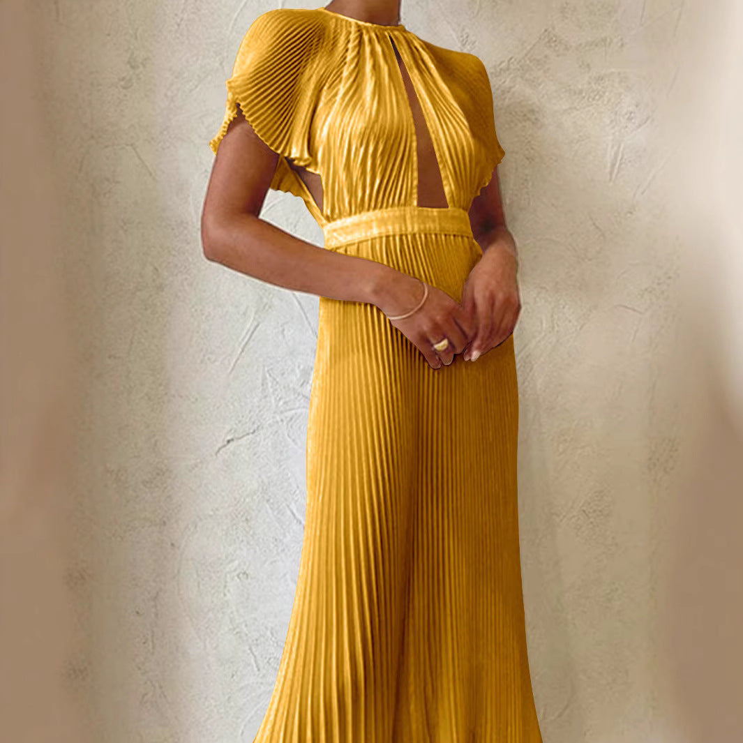Solid Color Lotus Leaf Sleeve Evening Dress - Fashionpara