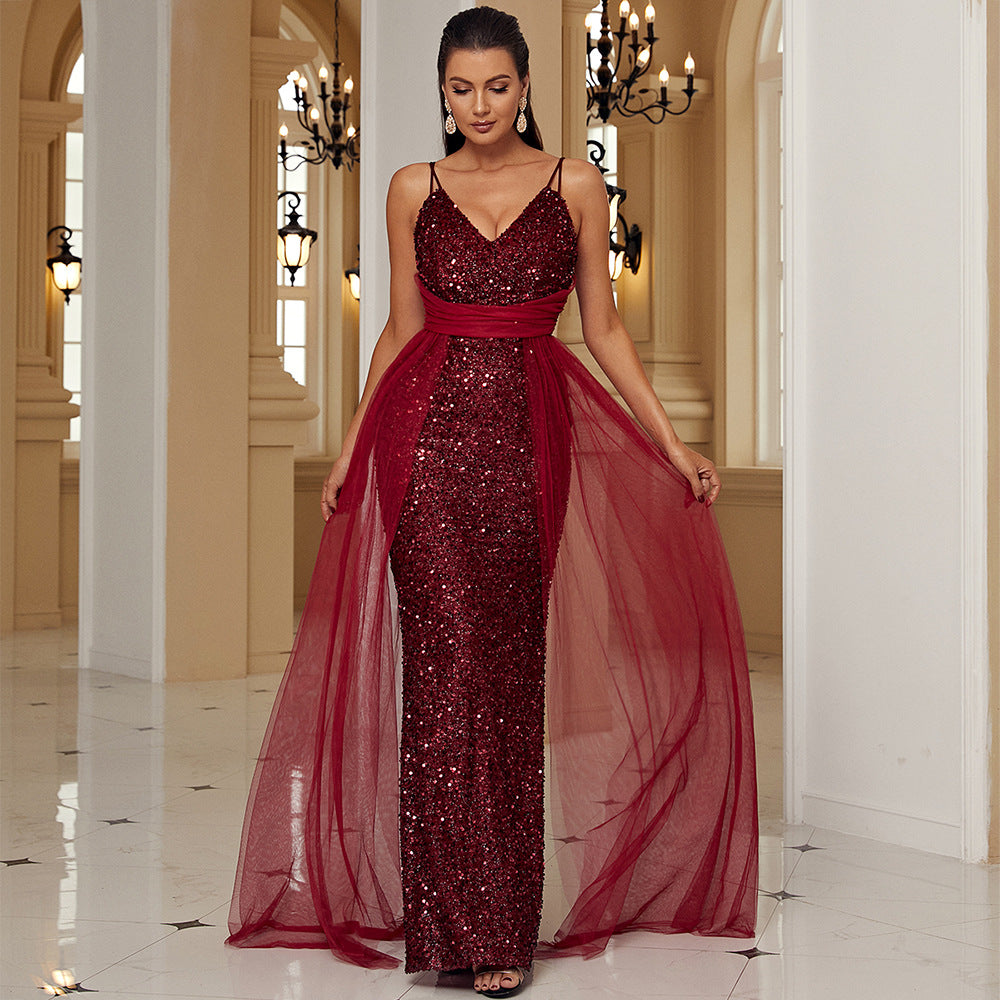 Sleeveless Elegant Long Sequined Lace V neck Backless Cocktail Evening Bridesmaid Maxi - Fashionpara