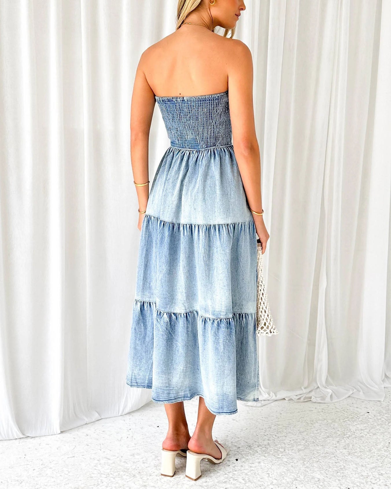 Sleeveless Strapless Side Slit Layered Denim Dress with - Fashionpara