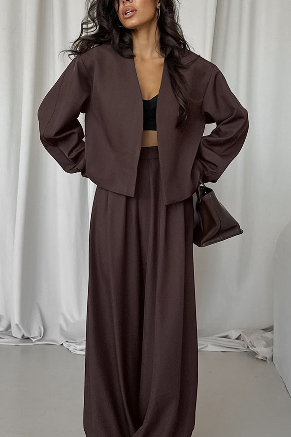 Chic V-Neck Coat and Loose Trousers Two-Piece Set