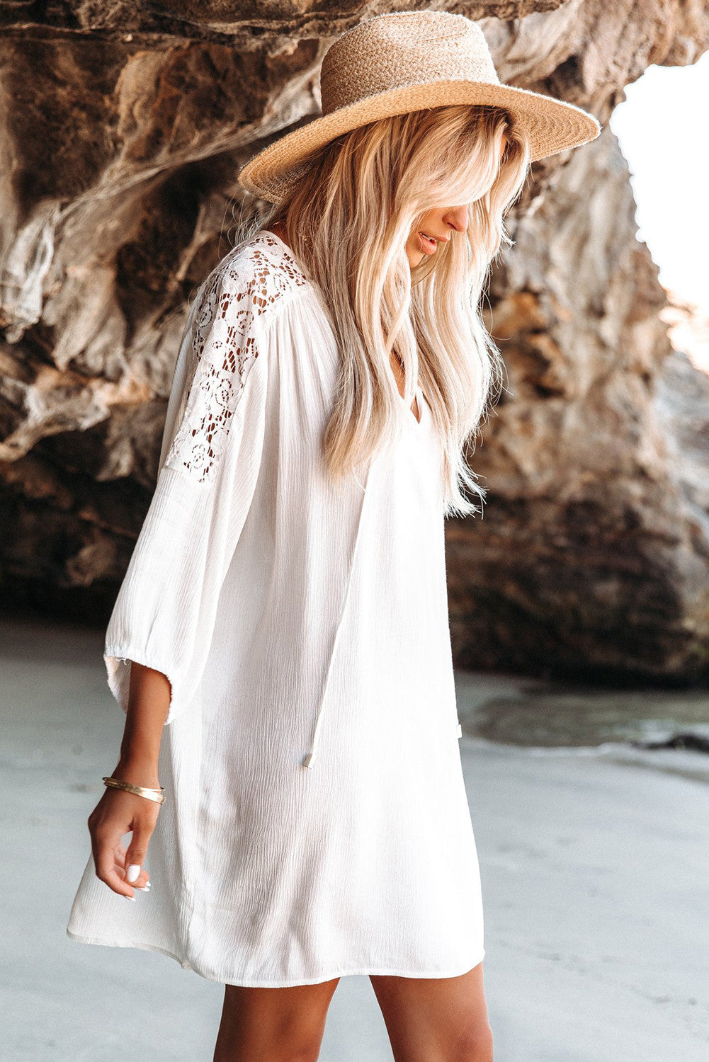 Lace V-Neck Long Sleeve Shift Mini Dress