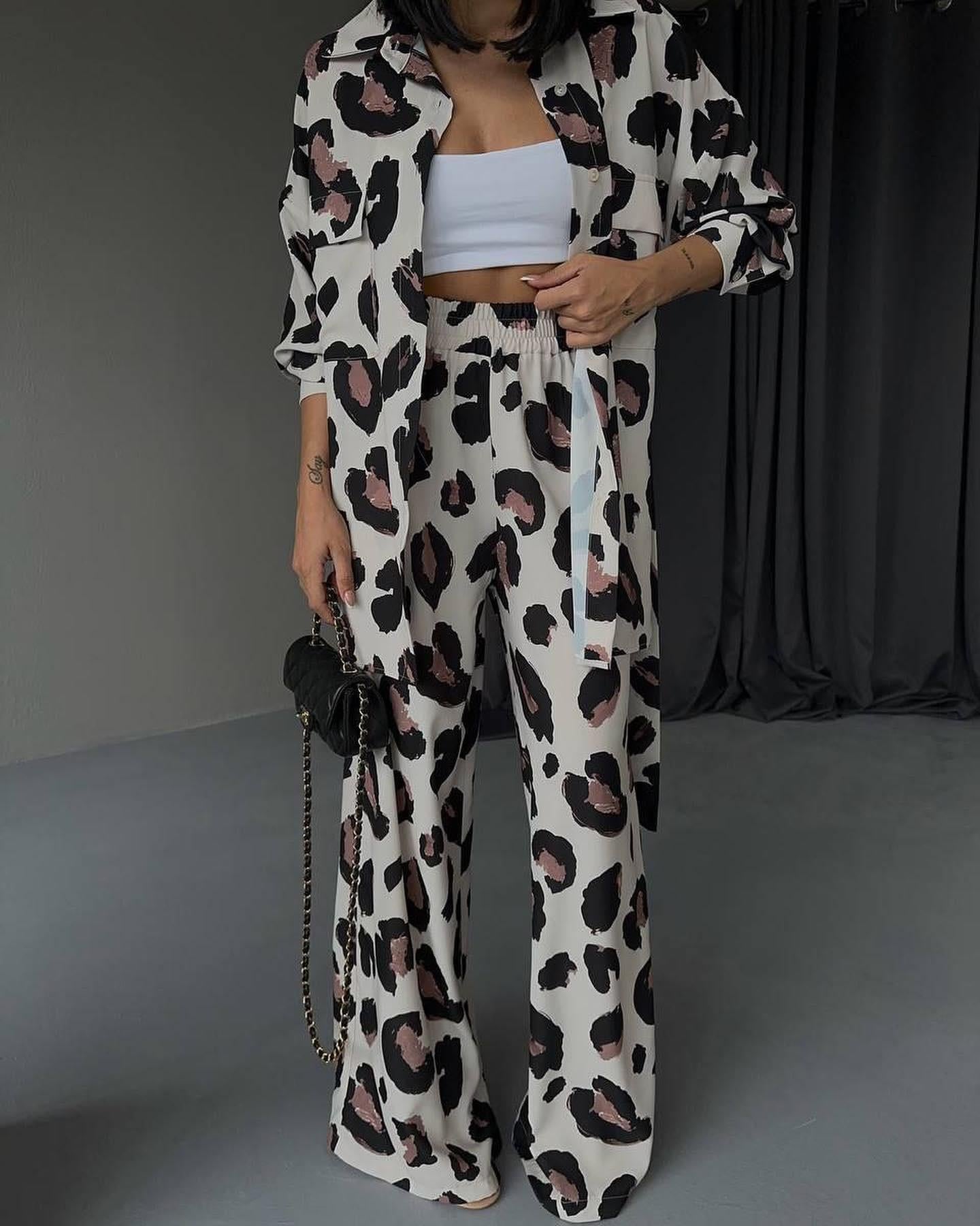 Leopard Print Long Sleeve Shirt Wide Leg Pants Two-Piece Set - Fashionpara