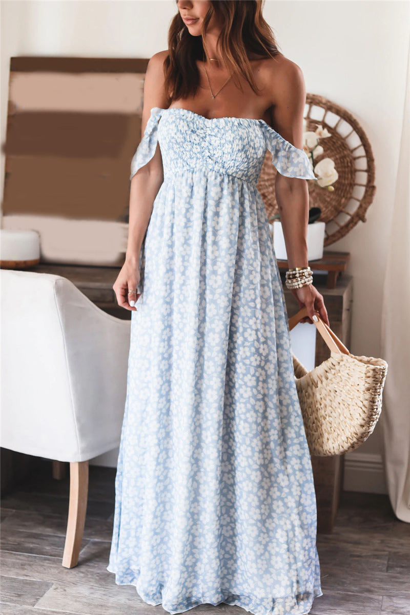 Floral Print Off Shoulder Smocked Empire Maxi Dress