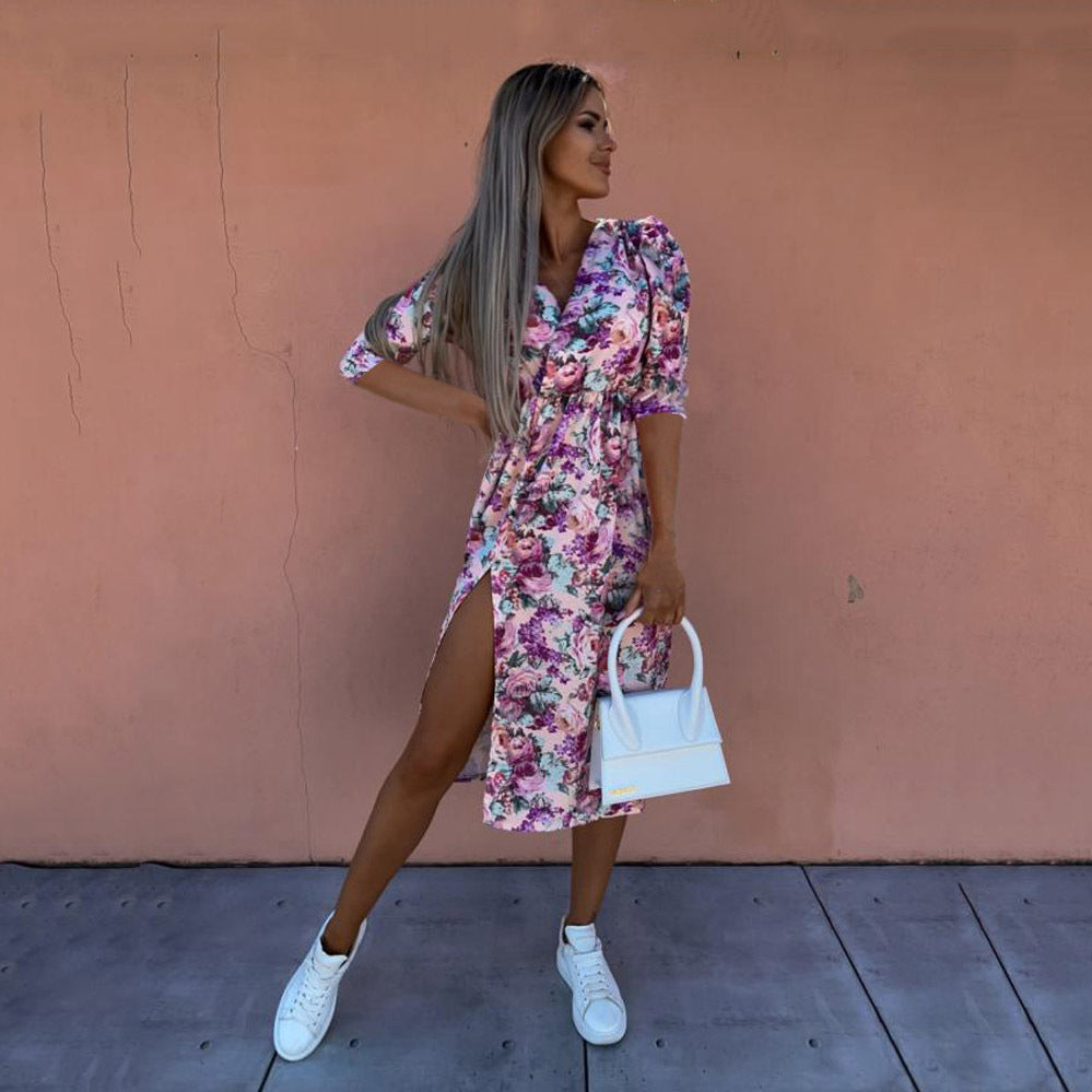 Floral Print V-Neck Puff Sleeve Wrap Midi Dress