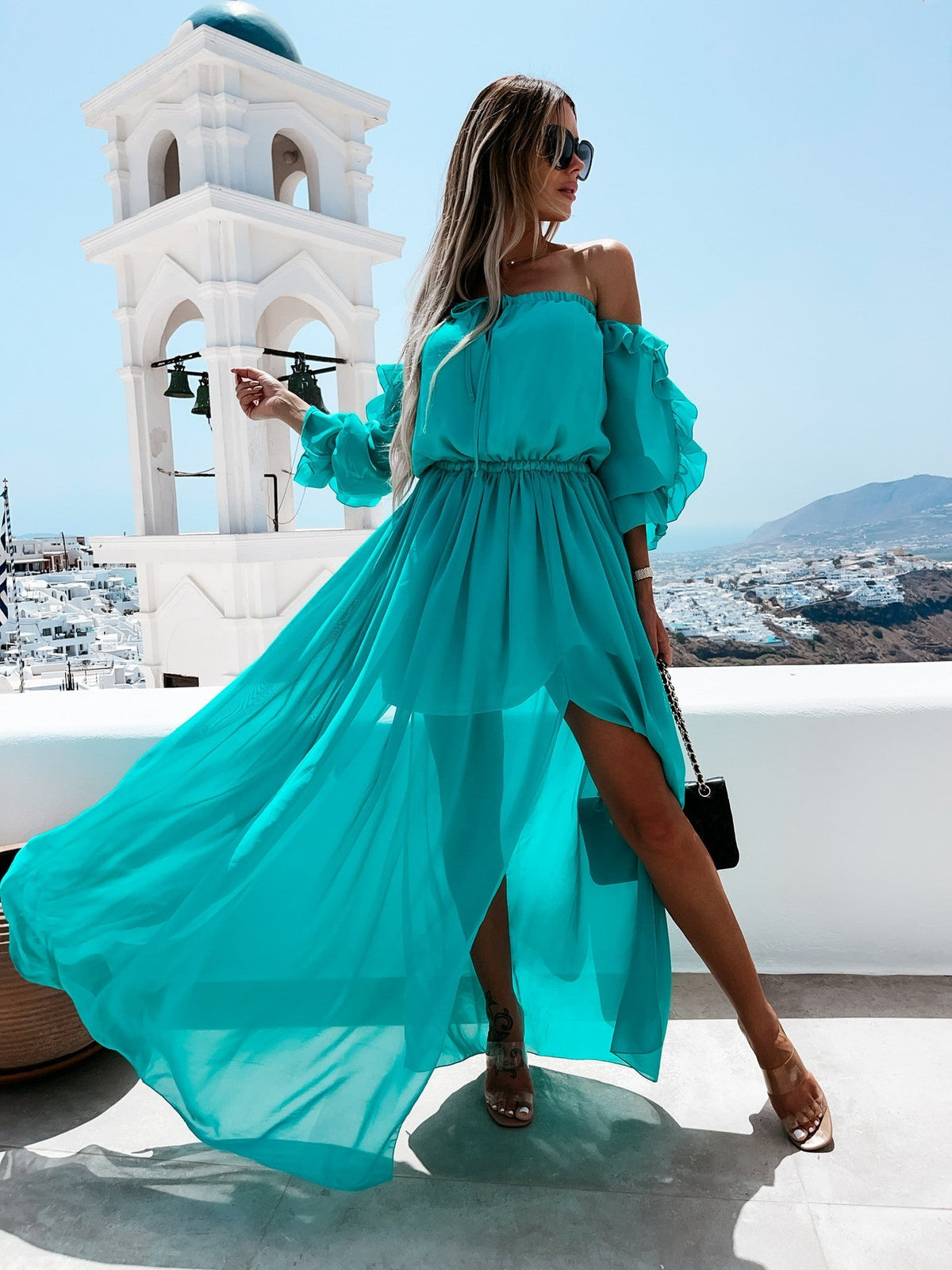 Off Shoulder Puff Sleeve Chiffon Maxi Dress 2