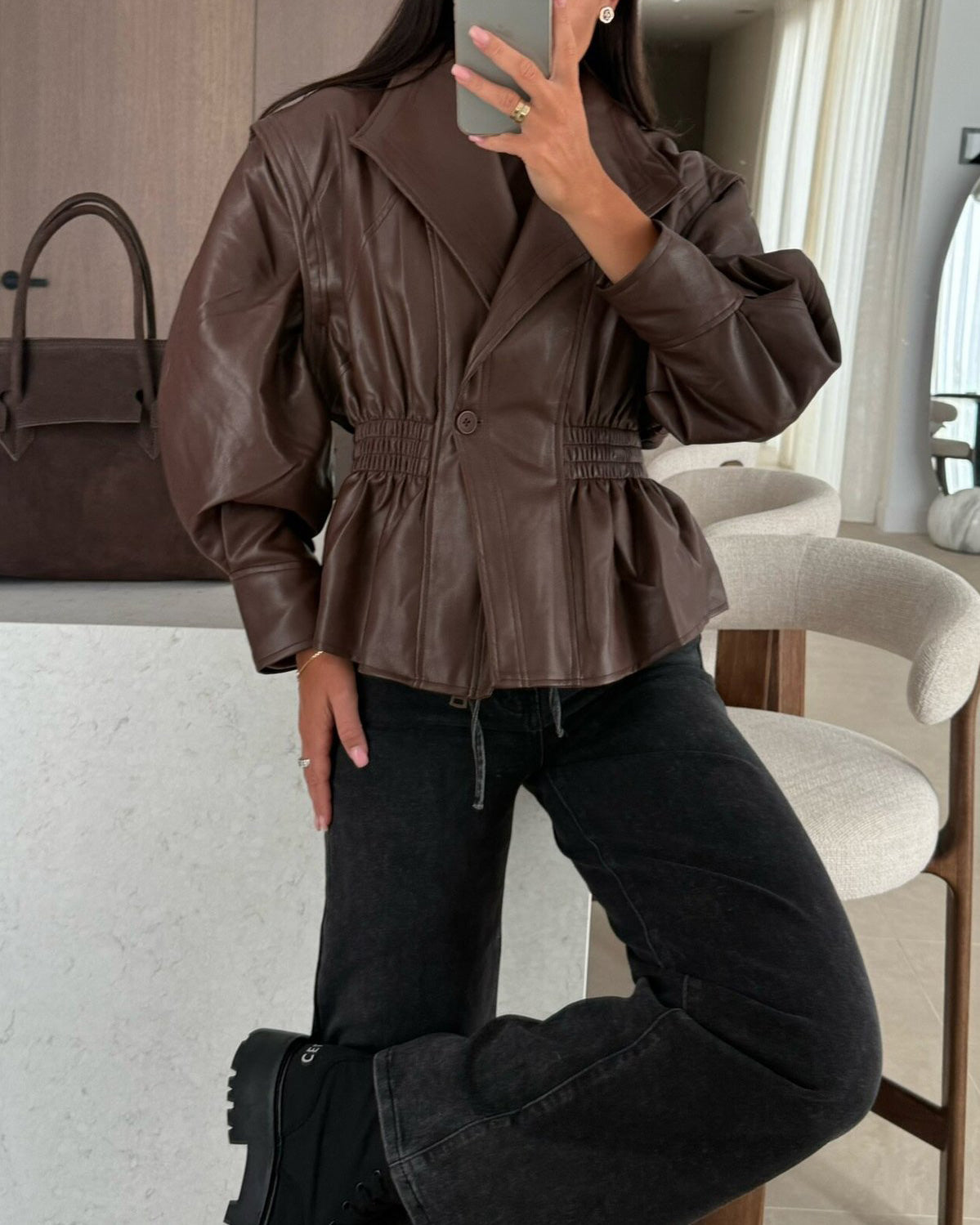 ShoptheCIC Classic Cropped PU Jacket with Stylish Lapel Design