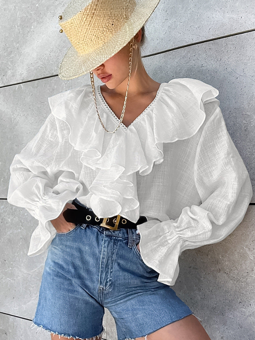 Drop Shoulder Ruffled Cotton Blouse