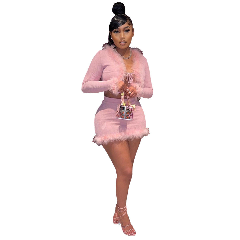 Feather Trim Satin Shirtdress - Fashionpara