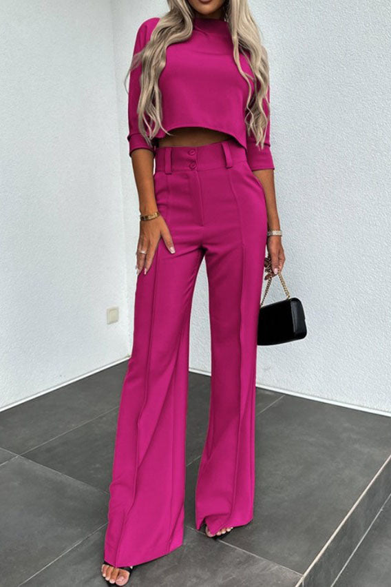 Business Casual Mid-Sleeve Pullover Wide-Leg Pants Set