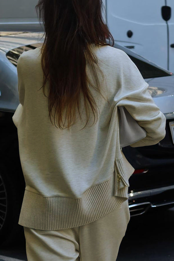 Long-sleeved side zipper sweatshirt and loose pocket pants two-piece set