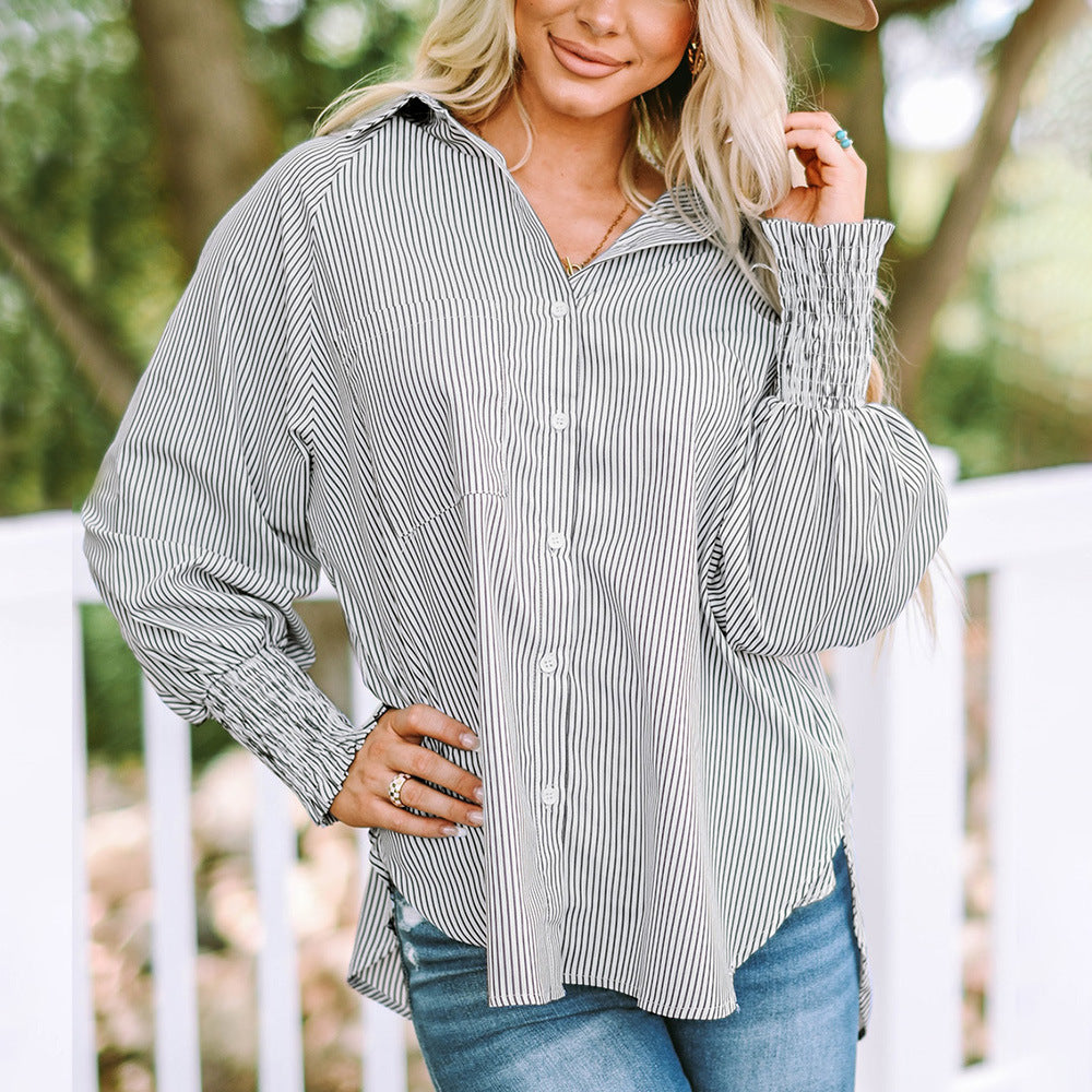 Striped Off Shoulder Long Sleeve Button Down Shirt 2