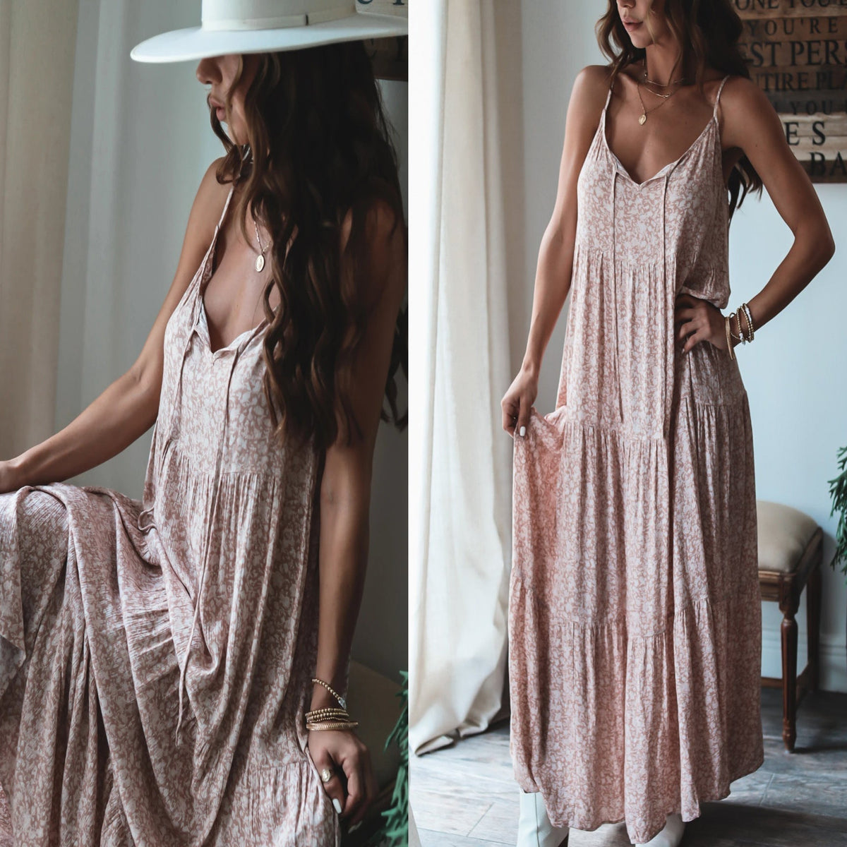 Strap Layered Lace up Maxi Dress Loose Floral - View 2