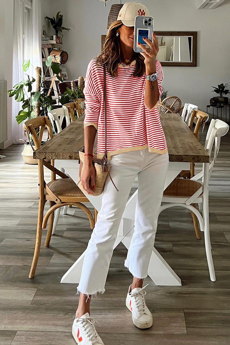 ShoptheCIC Contrast Striped Drop Shoulder Sweater for Chic Style