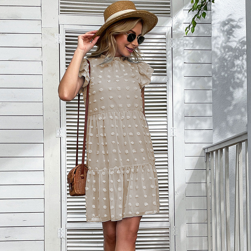 Swiss Dot High Neck Puff Sleeve Tiered Mini Dress