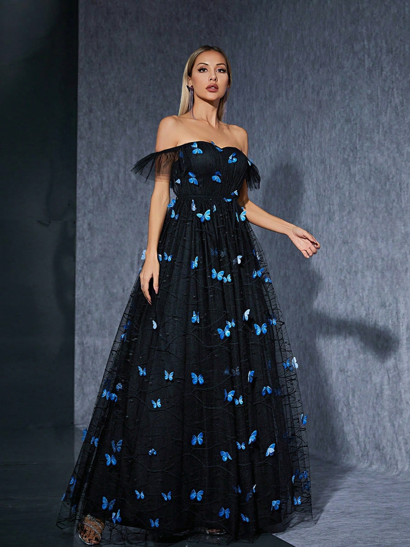 Black off Shoulder Dress Butterfly Embroidered Mesh Niche Cocktail Party Evening Dress - Fashionpara