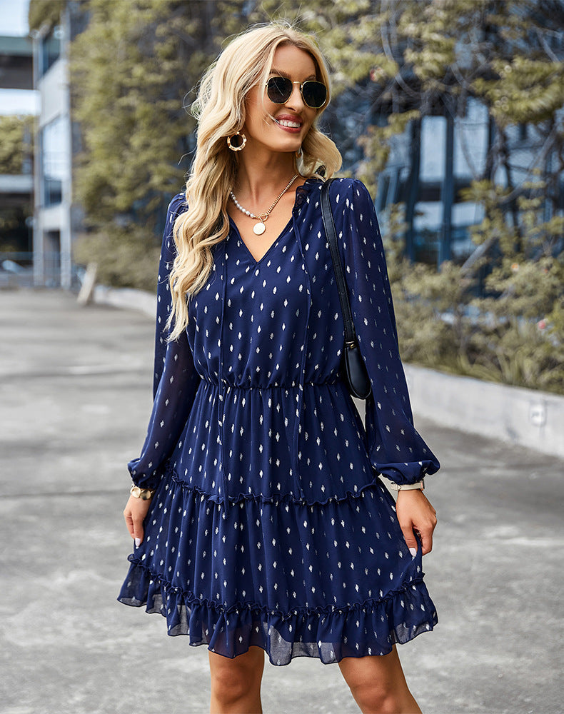 Foulard Print V-Neck Long Sleeve Tiered Ruffle Mini Dress