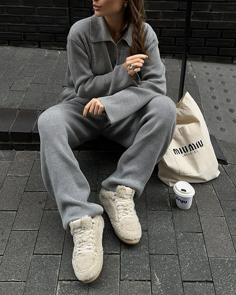 Lapel Ribbed Knitted Jacket and Loose Trousers Set