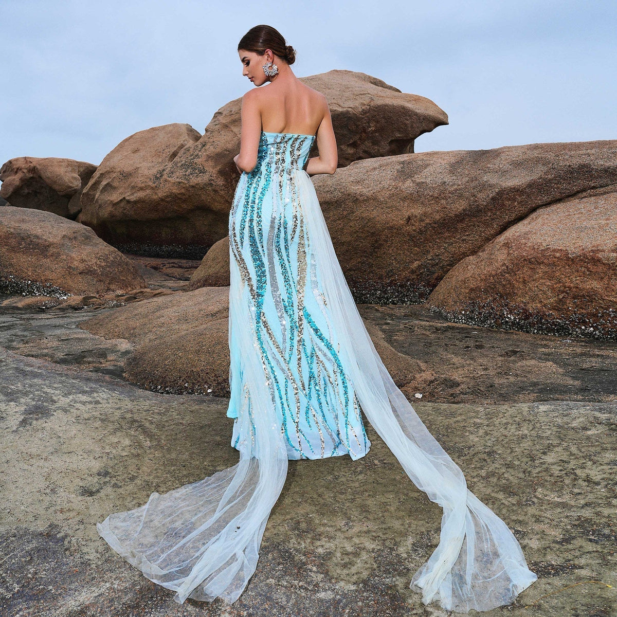 Sequin Strapless Sweetheart High Split Mermaid Evening Gown in Blue - View 3
