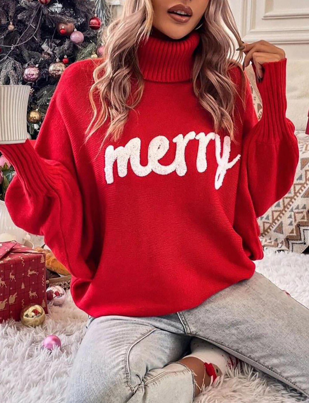 Merry Holiday Bat Sleeve Turtleneck Sweater for Cozy Comfort