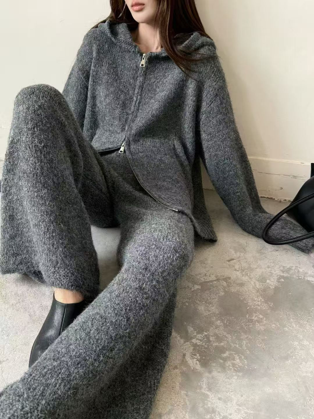 Thick Knit Hooded Cardigan and Wide-Leg Pants Set