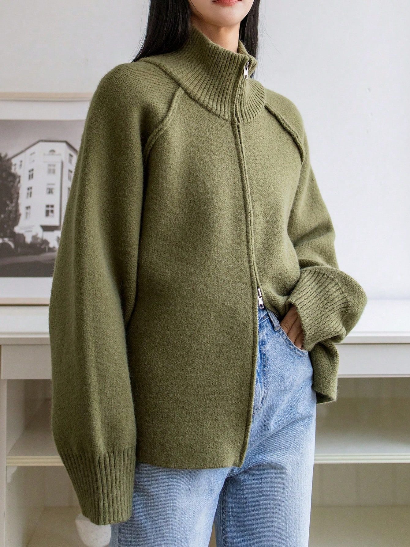 Cozy Zippered Knitted Cardigan with Stand Collar Design