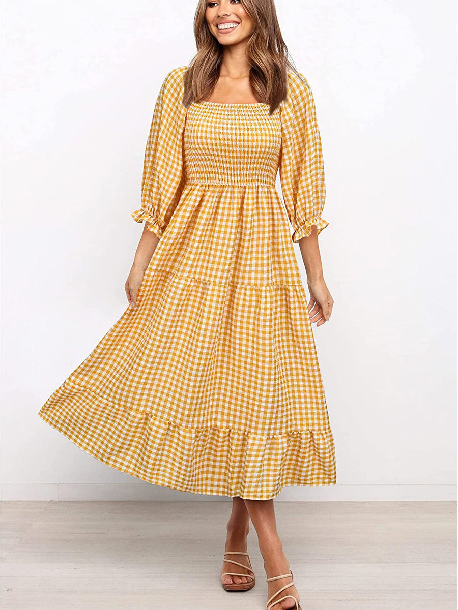 Gingham Square Neck Puff Sleeve Smocked Midi Dress