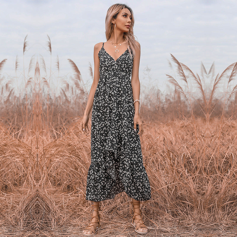 Floral Spaghetti Strap V-Neck Tiered High Split Midi Dress - View 2