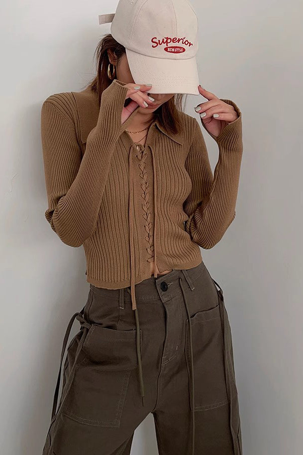 Rib-Knit Lace-Up Sweater Cardigan for Stylish Comfort