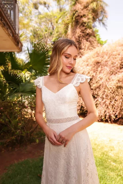Lace V-Neck Ruffle Strap A-Line Maxi Gown